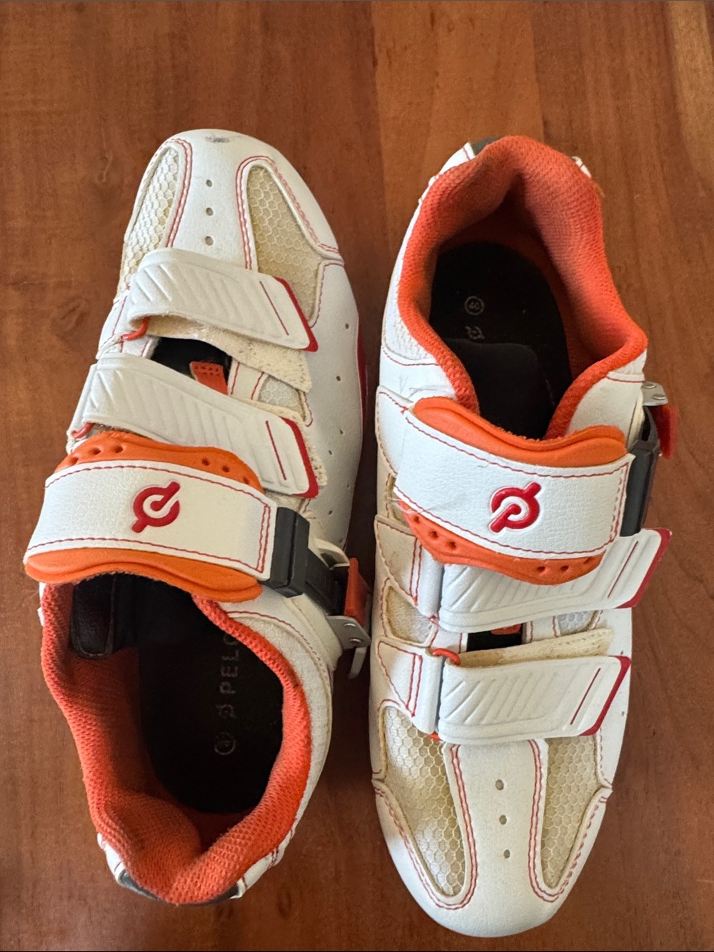 White and Orange Peloton Click in Cycling Shoes top ratchet buckle